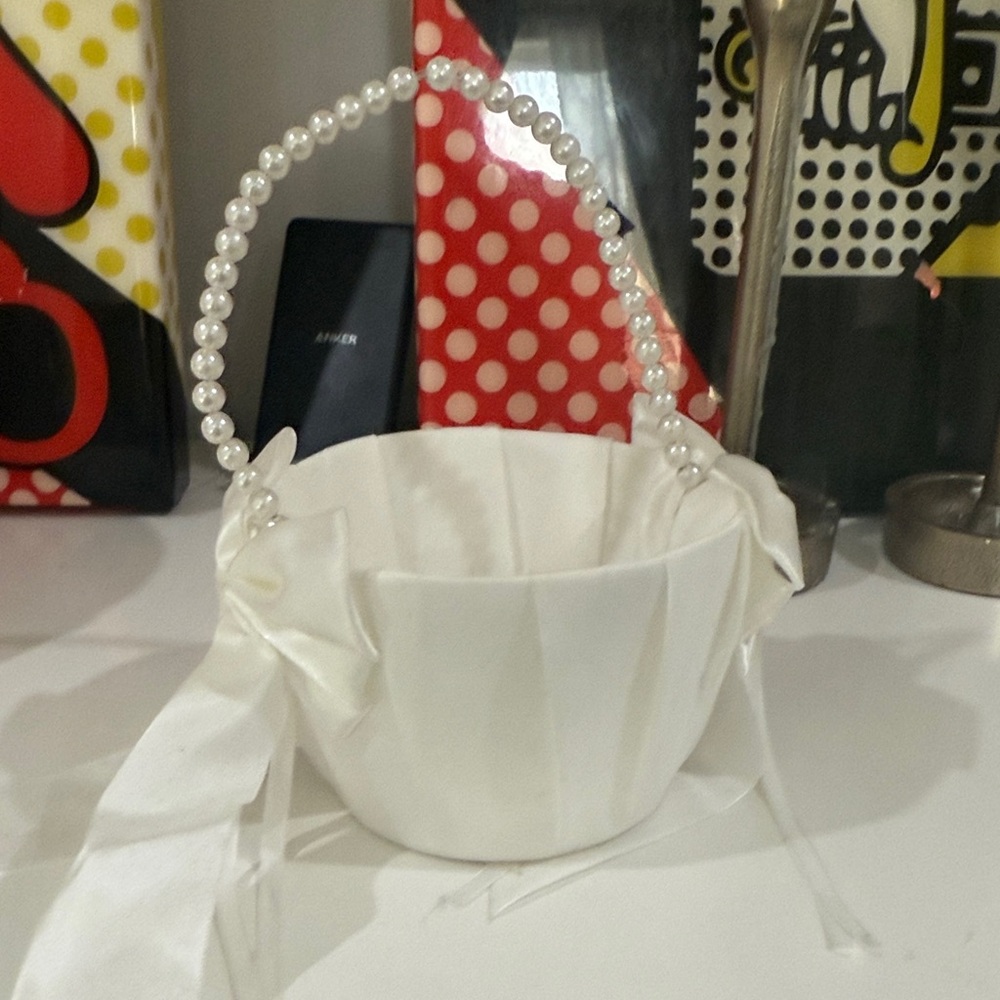 Elegant White Satin Basket with Pearl Handle- flower girl